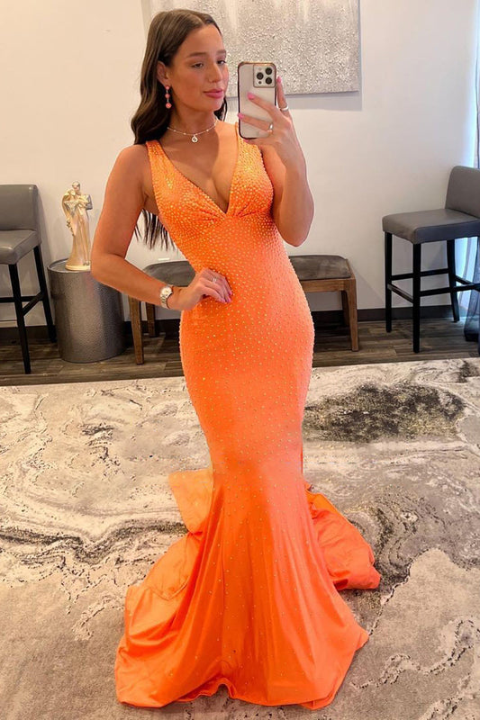 Sparkly Orange Beaded Mermaid Long Prom Dress