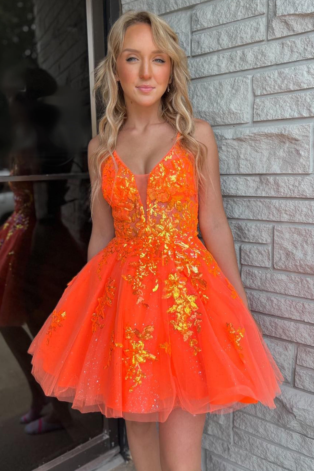 Sparkly Orange A-Line Spaghetti Straps Short Homecoming Dress with Sequins