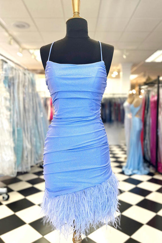 Glitter Light Blue Feathered Tight Short Homecoming Dress