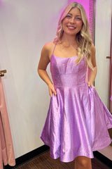 Sparkly Purple Beaded A-Line Lace-Up Back Short Homecoming Dress with Pockets