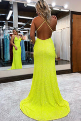 Mermaid Spaghetti Straps Blue Sequins Backless Long Prom Dress