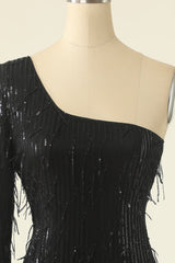 One Shoulder Black Cocktail Dress With Feathers