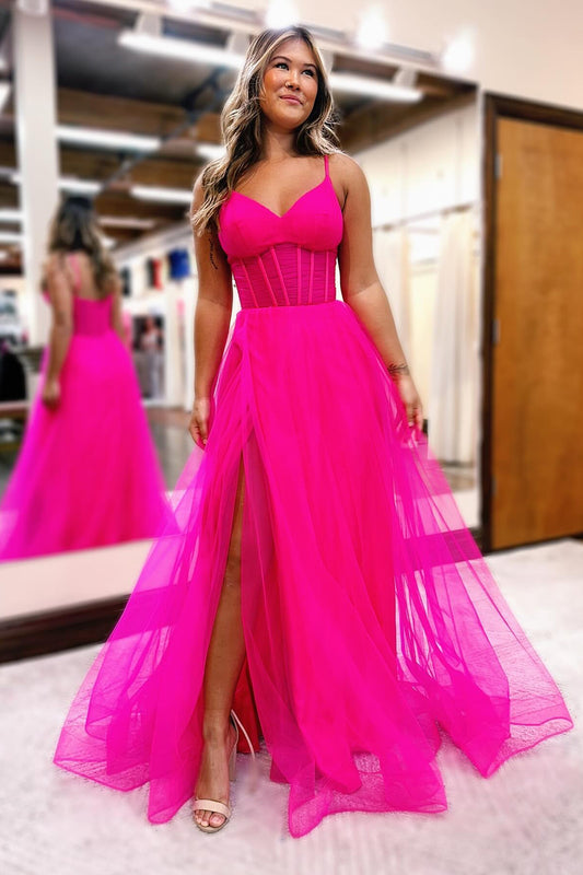 Simple Hot Pink Corset A-Line Long Tulle Prom Dress with Slit