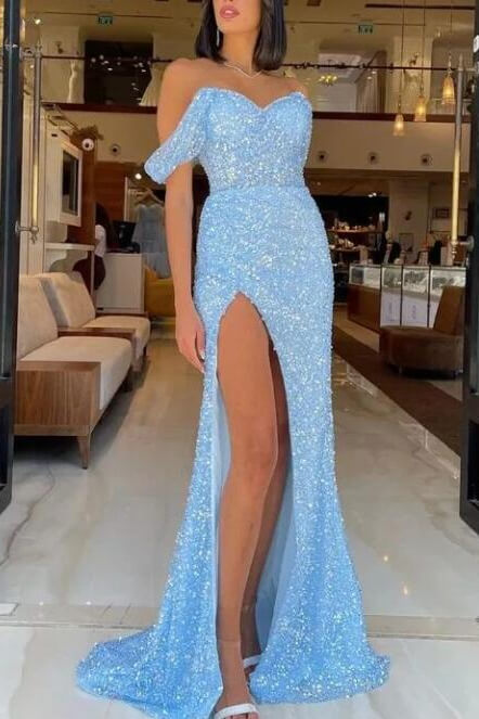 Vintage Sky Blue Sweetheart Straps Sequins Slit Mermaid Evening Dress Tulle with Detachable Ruffles