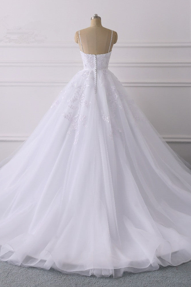 Spaghetti Strap V-Neck Tulle Wedding Dress with Lace Appliques