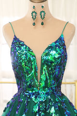 Green Sequin Tulle Spaghetti Straps A-Line Sleeveless Prom Dress