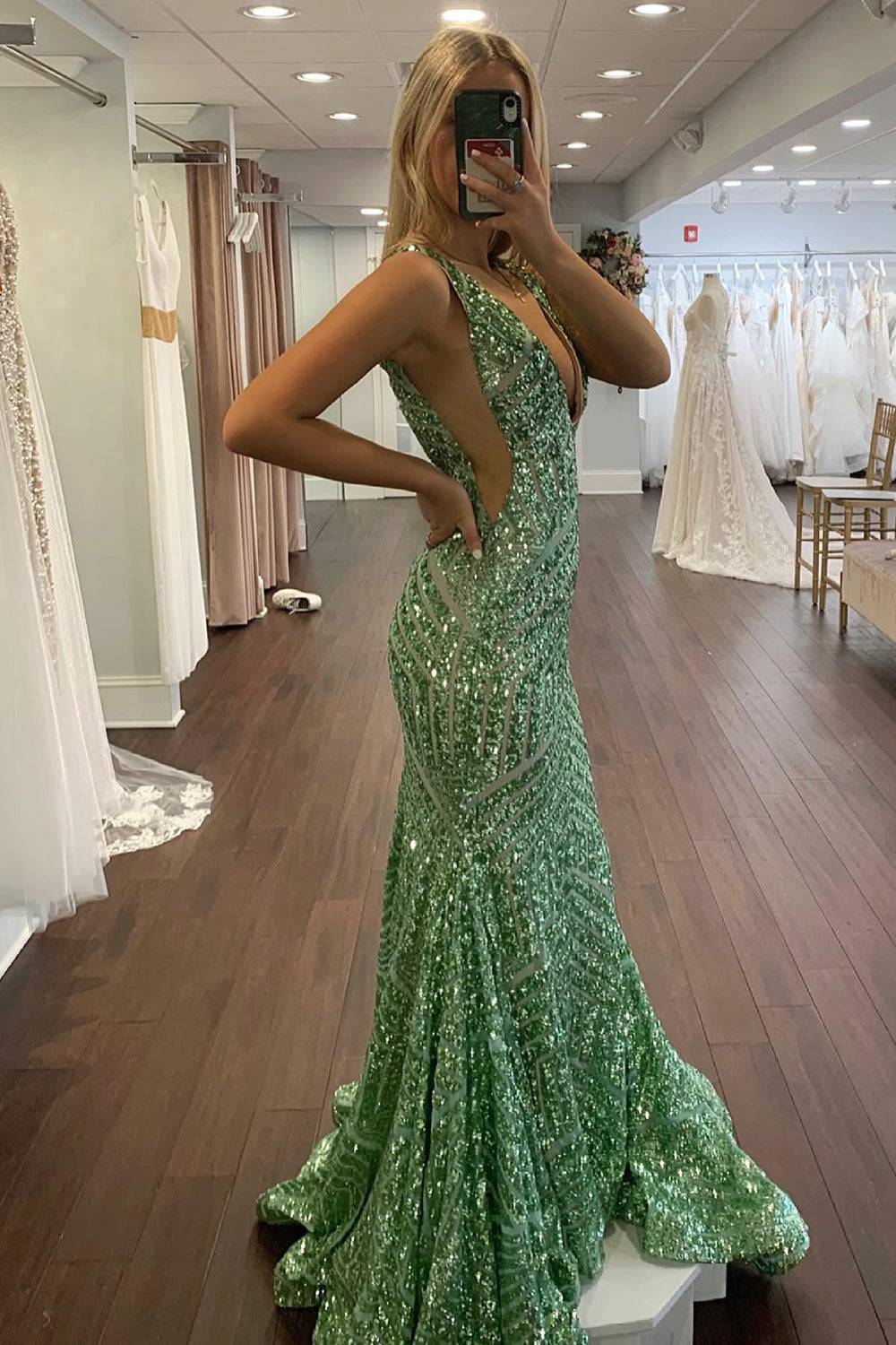 Sparkly Champagne Deep V Neck Sequin Mermaid Prom Dress