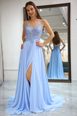 Lavender A Line Backless Long Prom Dress With Slit