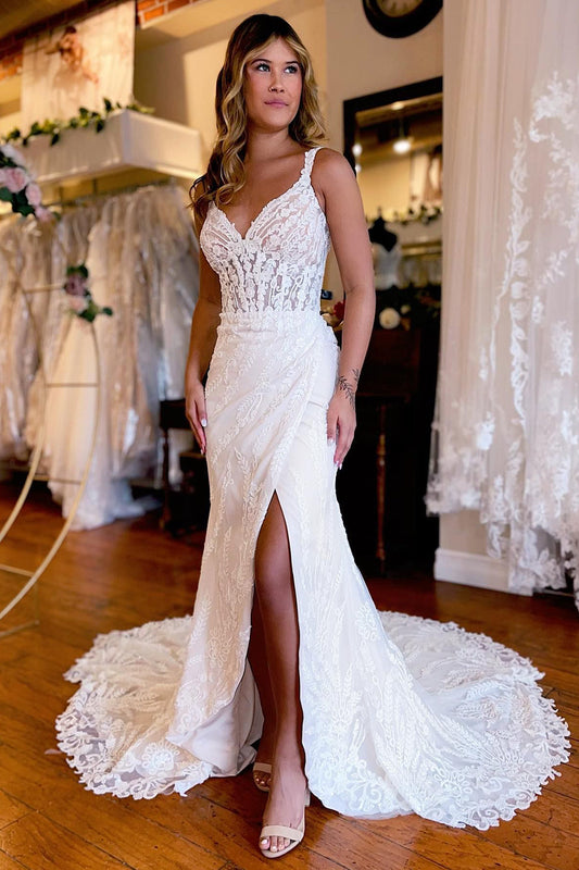 Chic White V-Neck Sheath Long Lace Wedding Dress with Slit