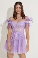 Lavender Off Shoulder Homecoming Dress with Feathers