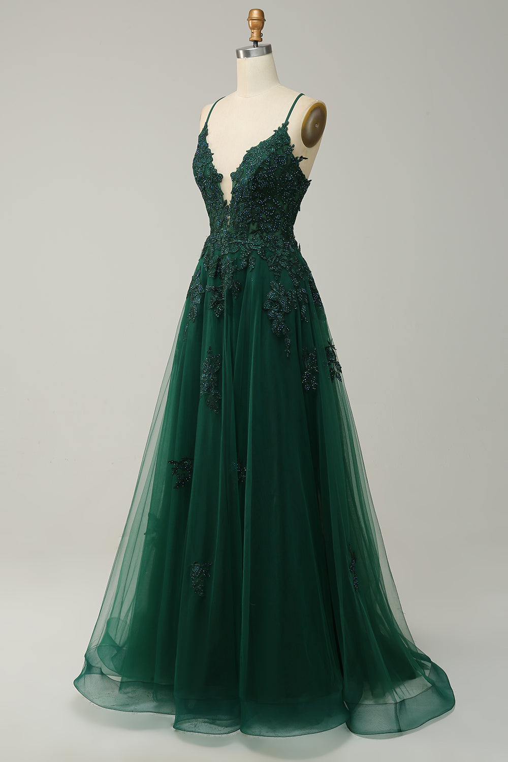 Dark Green A-Line Tulle Appliques Long Prom Dress with Slit