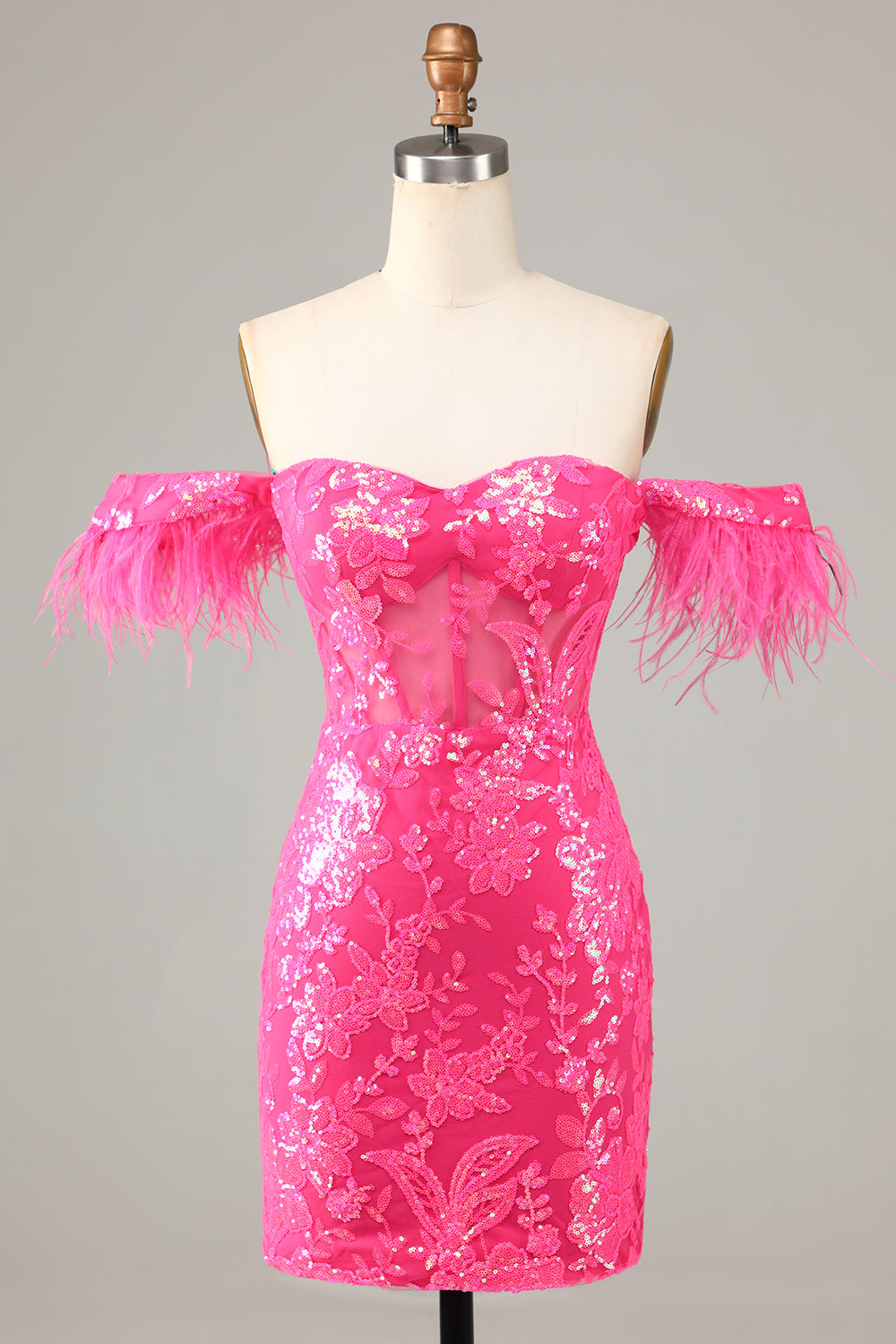 Gorgeous Sheath Off the Shoulder Fuchsia Short Homecoming Dress with Feather