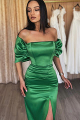 Emerald Off-the-Shoulder Evening Dress with Split