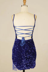 Royal Blue Sequined Tight Homecoming Dress with Fringes