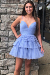 Sparkly Light Blue A-Line Tulle Tiered Short Homecoming Dress