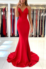 Red Mermaid Evening Dress Spaghetti Strap Long