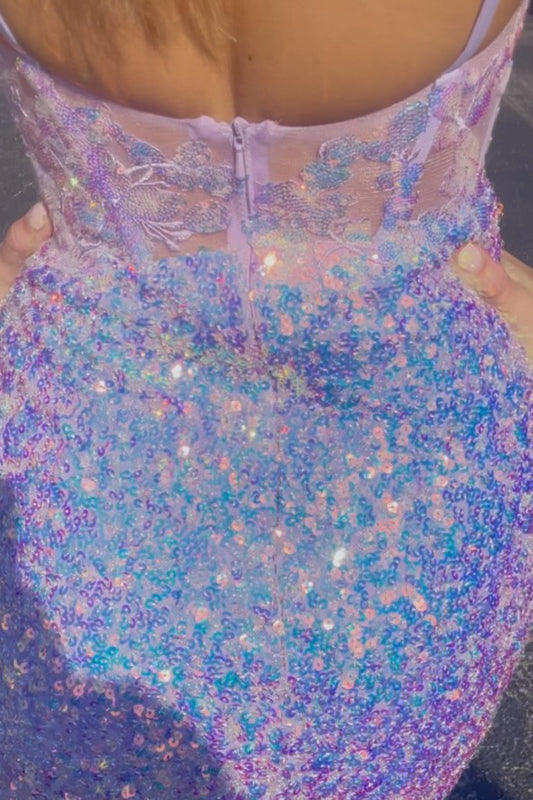 Sparkly Lilac Spaghetti Straps Corset Tight Short Homecoming Dress