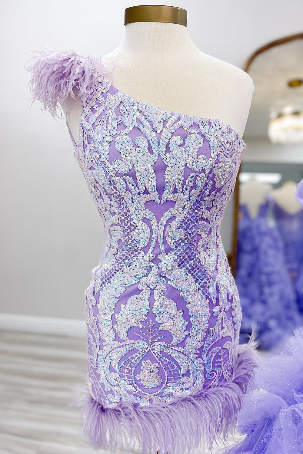 Sparkly Lilac One Shoulder Tight Short Homecoming Dress with Feather