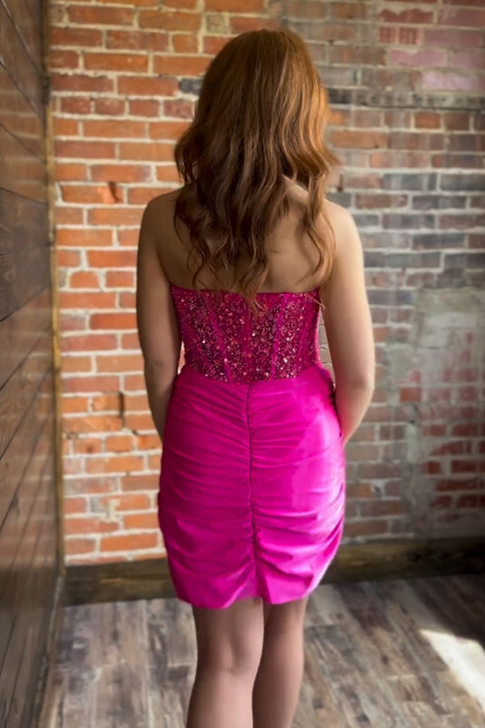 Sparkly Fuchsia Sweetheart Corset Tight Short Homecoming Dress With Sequins