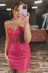 Sparkly Fuchsia Bodycon Sweetheart Sequins Corset Tight Short Homecoming Dress