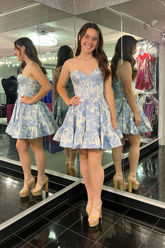 Blue Corset Sweetheart Floral A Line Short Homecoming Dress