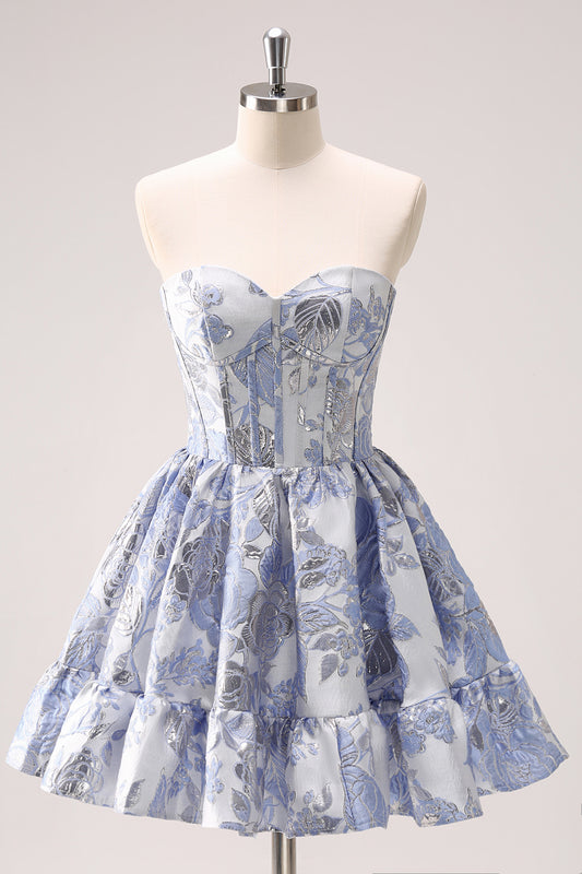 Fluffy Blue Corset Strapless A Line Short Homecoming Dress