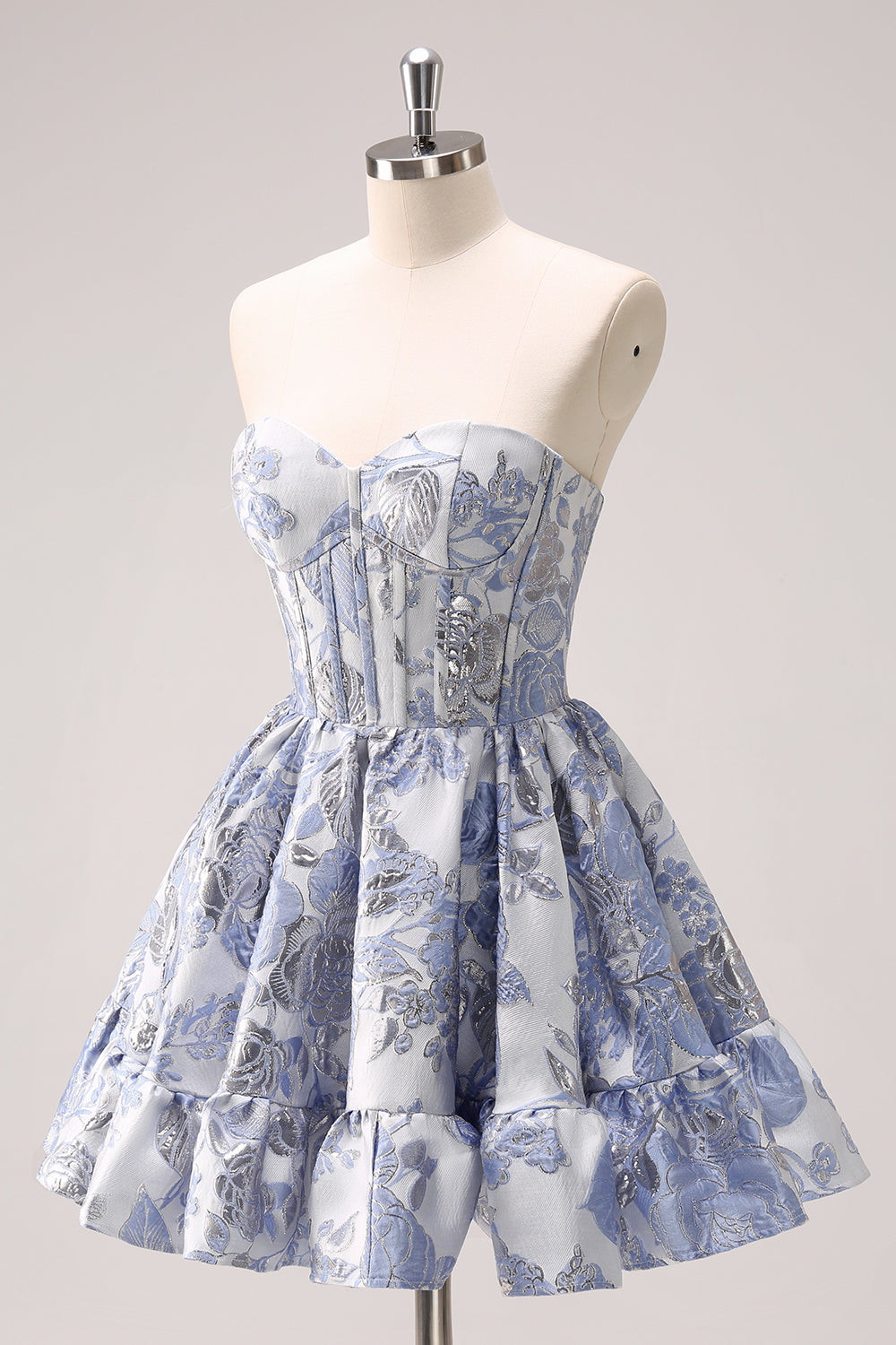 Fluffy Blue Floral Corset Strapless A Line Short Homecoming Dress