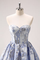 Blue Corset Sweetheart Floral A Line Short Homecoming Dress