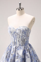 Fluffy Blue Floral Corset Strapless A Line Short Homecoming Dress