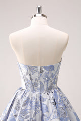 Fluffy Blue Corset Strapless A Line Short Homecoming Dress