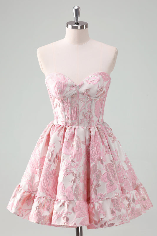 A Line Pink Strapless Corset Floral Short Homecoming Dress