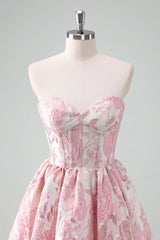 A Line Pink Strapless Corset Floral Short Homecoming Dress