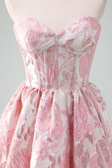 A Line Pink Strapless Corset Floral Short Homecoming Dress