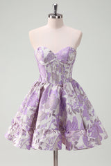 A Line Pink Strapless Corset Floral Short Homecoming Dress