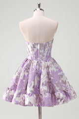 A Line Pink Strapless Corset Floral Short Homecoming Dress