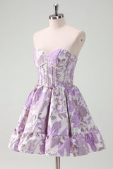 A Line Pink Strapless Corset Floral Short Homecoming Dress