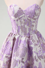 A Line Pink Strapless Corset Floral Short Homecoming Dress