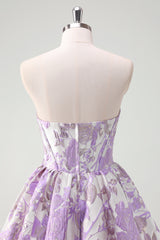 A Line Pink Strapless Corset Floral Short Homecoming Dress