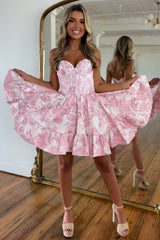 Blue Corset Sweetheart Floral A Line Short Homecoming Dress