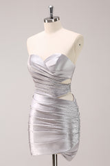 Sparkly Strapless Grey Short Tight Homecoming Dress with Beading