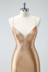 Sparkly Golden Tight Short Homecoming Dress with Lace-Up Back