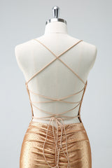 Sparkly Golden Tight Short Homecoming Dress with Lace-Up Back