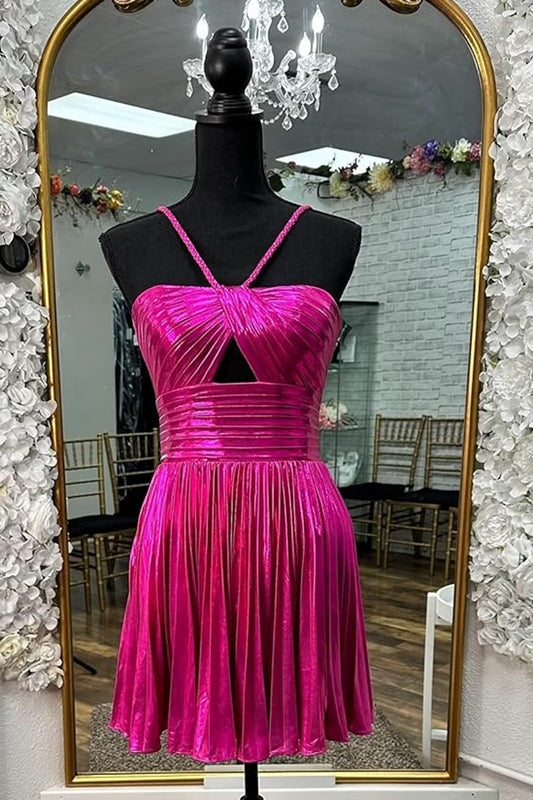 Sparkly Fuchsia A-Line Halter Pleated Short Homecoming Dress