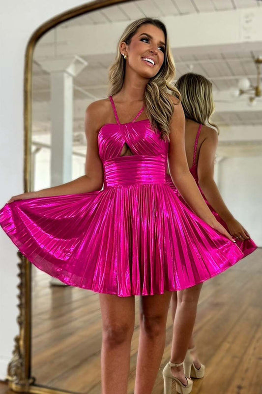 Sparkly Fuchsia A-Line Halter Pleated Short Homecoming Dress