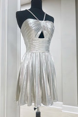 Silver A Line Halter Short Homecoming Dress