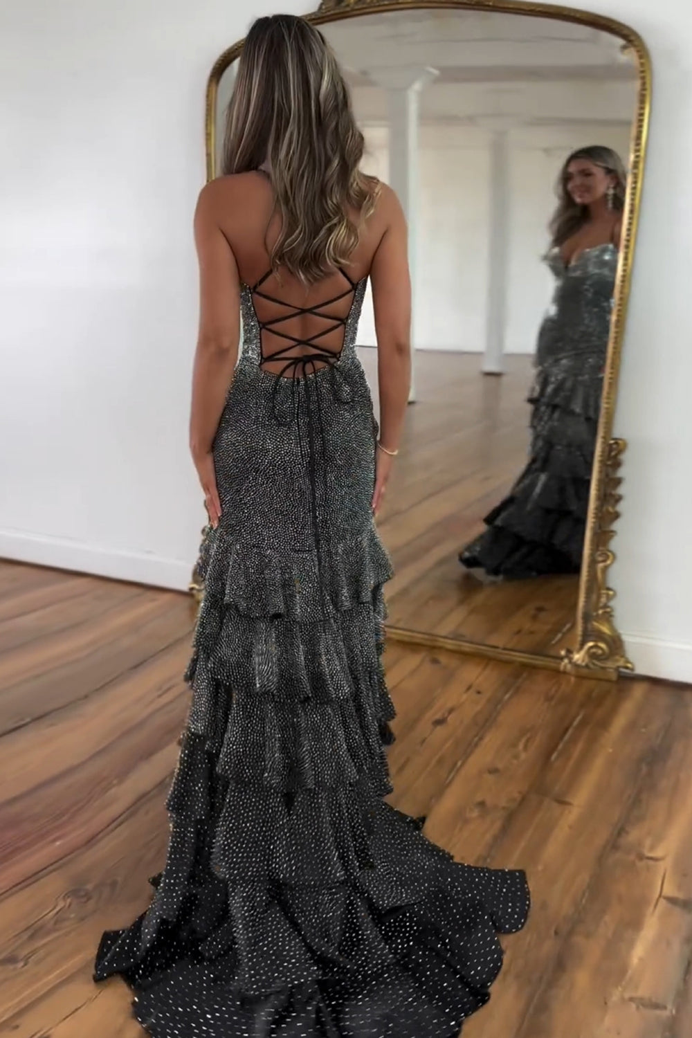 Sparkly Beaded Black Ruffled Long Prom Dress With Slit