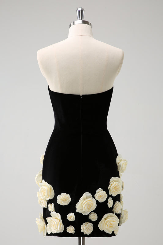 Black Strapless Bodycon Short Homecoming Dress with 3D Flowers