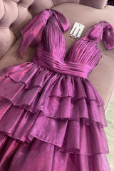 Fuchsia A Line V Neck Ruffled Short Homecoming Dress