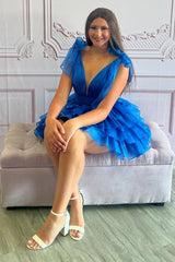 A Line Royal Blue Short Homecoming Dress With Ruffles