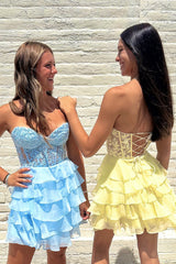 Sparkly Pink Corset Strapless A Line Short Homecoming Dress with Ruffles